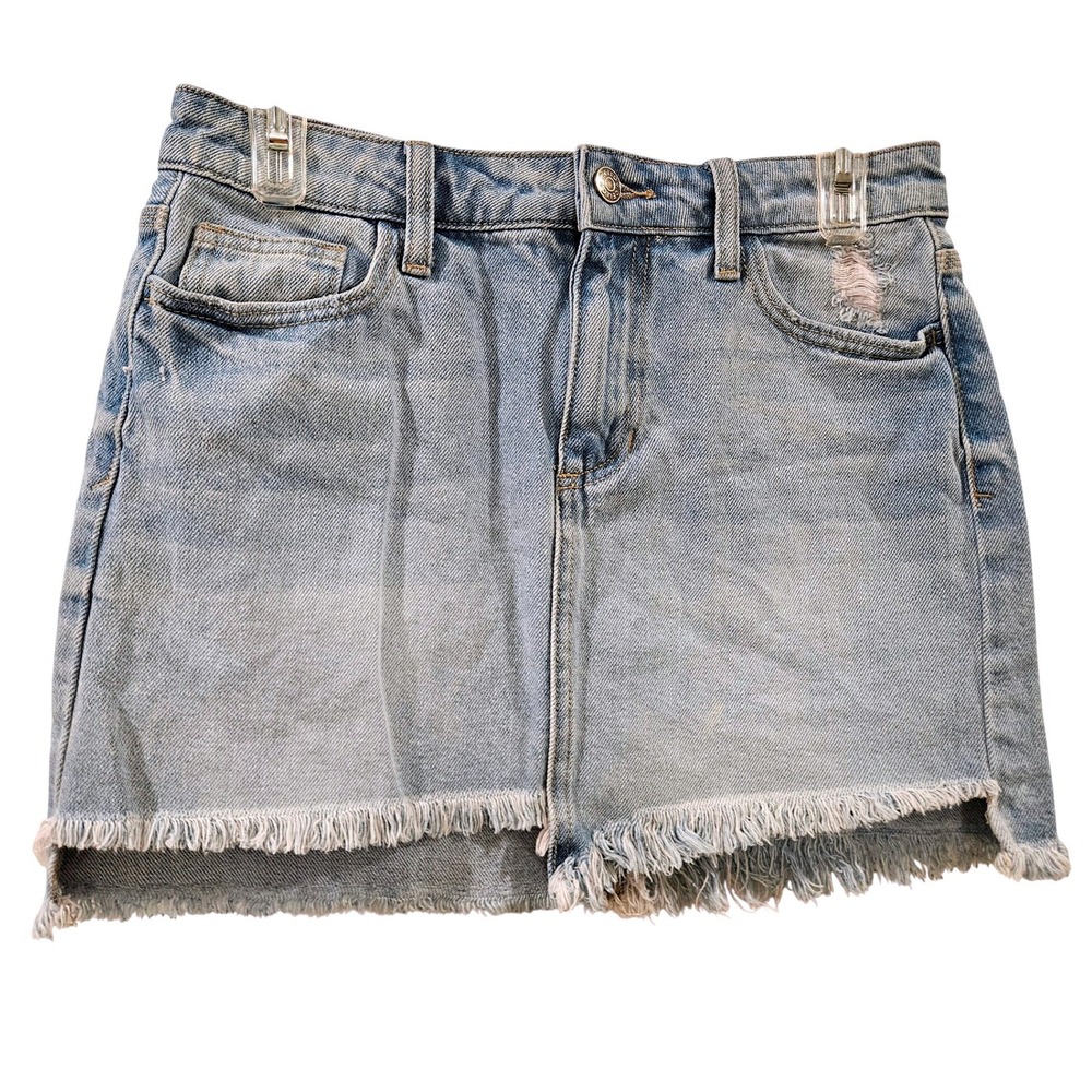Cello Blue Jean Mini Skirt Light Wash‎ Distressed Denim Raw Hem Frayed Size 28